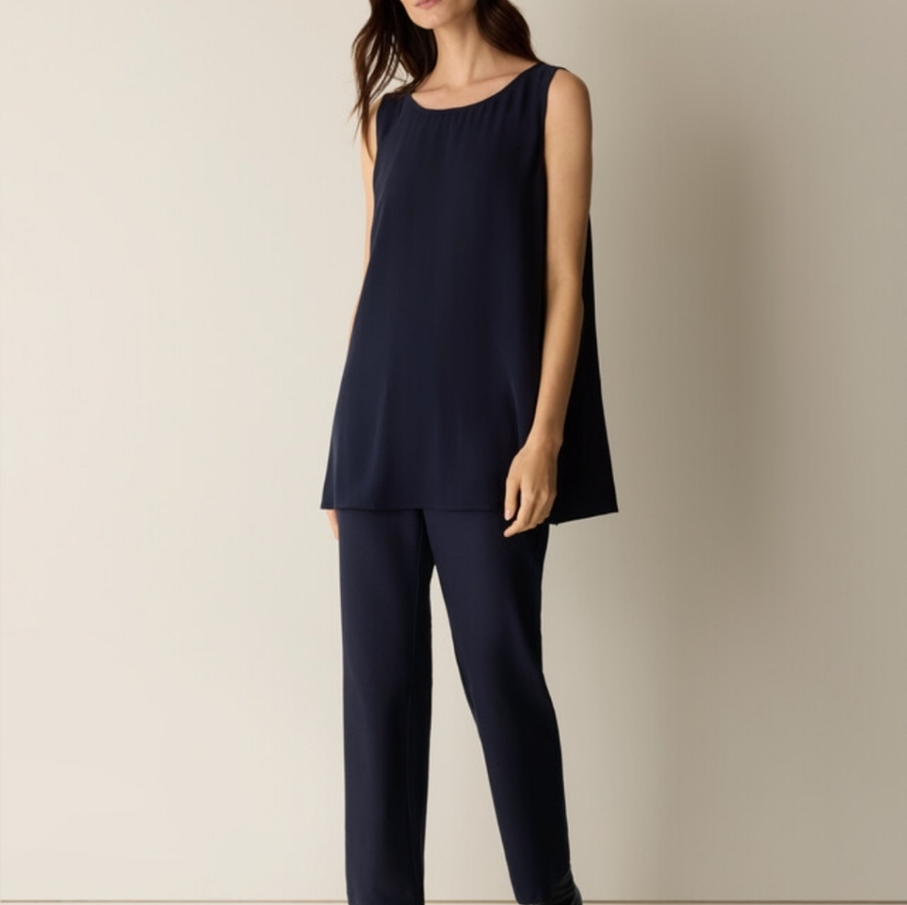Eileen Fisher Black Silk Georgette Tank, Ballet Neck, Size Lg